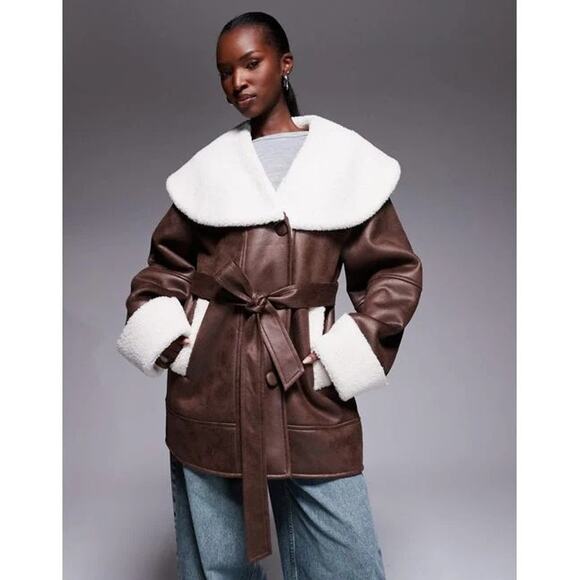 The Frolic Jackets & Blazers - NWOT The Frolic Faux Shearling and Cream Belted Coat in Brown S155